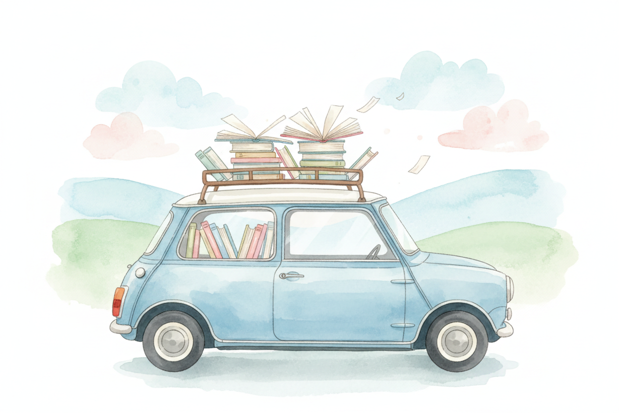Blue Mini with roof rack bookshop